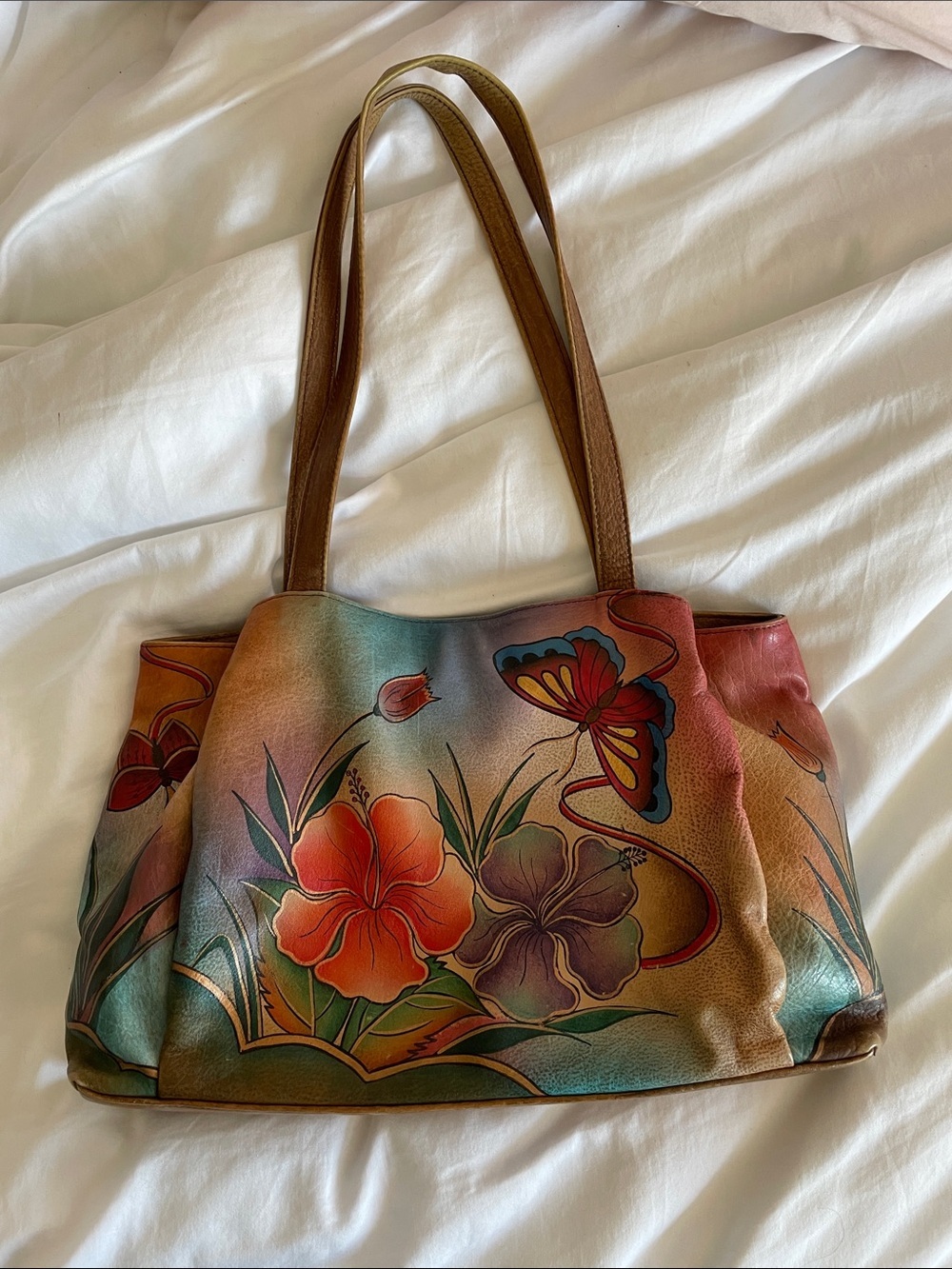 Anuschka Hand-Painted Butterfly & hibiscus floral Leather Shoulder Bag